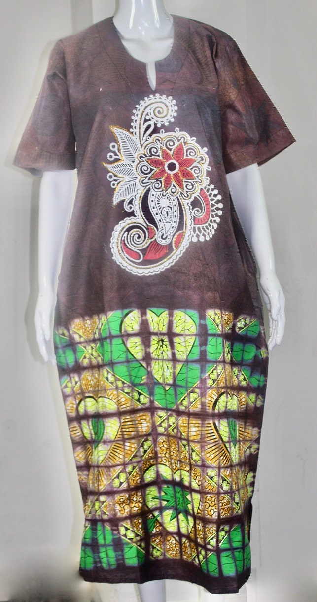 Brown Adire Ankara Batik Tie and dye long bubu dress (S/M/L)