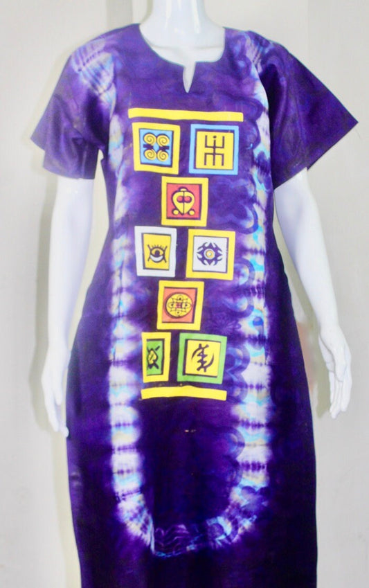 Blue Coloured African Adire Batik Tie and dye short dress (S/M/L) - with African symbols design