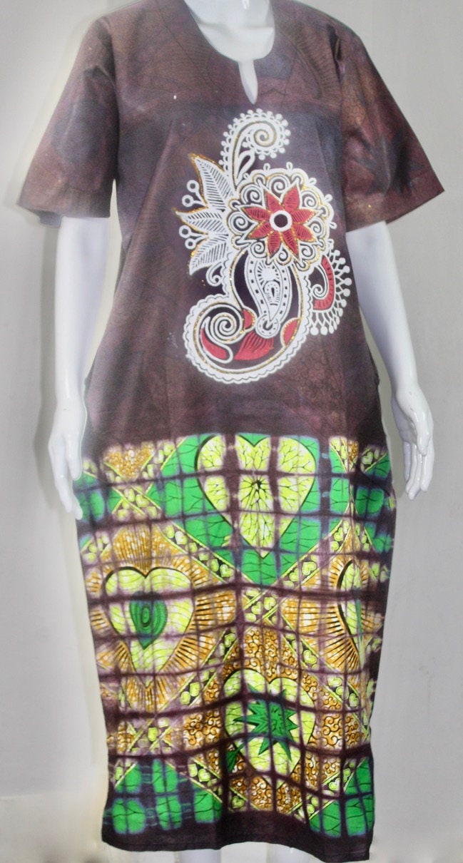 Brown Adire Ankara Batik Tie and dye long bubu dress (S/M/L)
