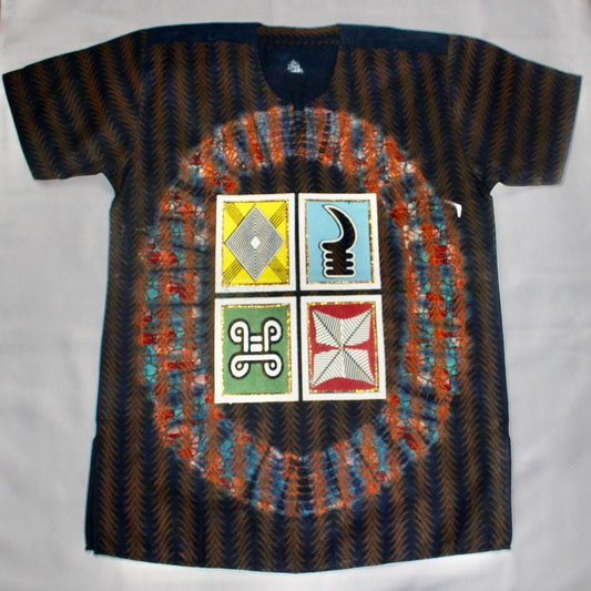 African Traditional Adire Batik T-shirt Multi-coloured Cotton Linen designs (Traditional Symbols - S M L)