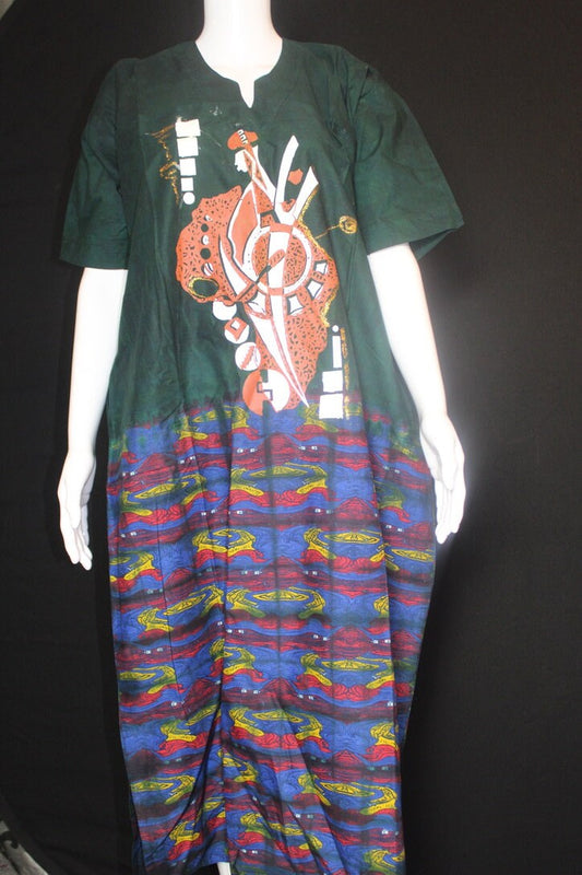 Green Multi Ankara Batik Tie and dye Bubu (Africa Map)