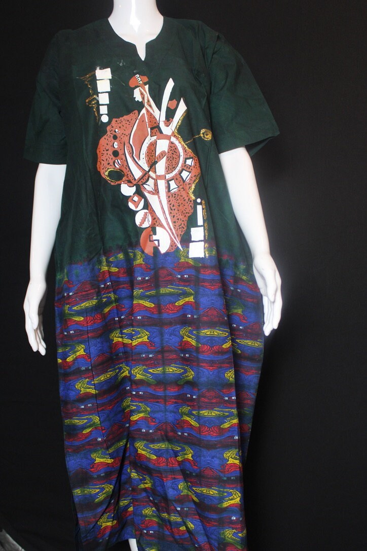 Green Multi Ankara Batik Tie and dye Bubu (Africa Map)