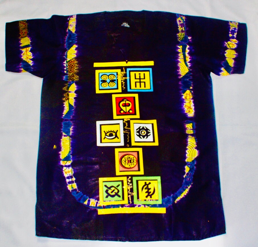 African Traditional Adire Batik T-shirt Multi-coloured Cotton Linen designs (Hello Blue design)