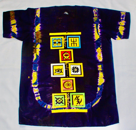 African Traditional Adire Batik T-shirt Multi-coloured Cotton Linen designs (Hello Blue design)