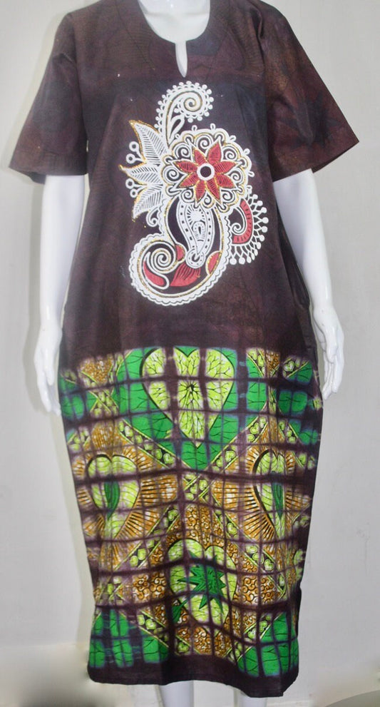 Brown Adire Ankara Batik Tie and dye long bubu dress (S/M/L)