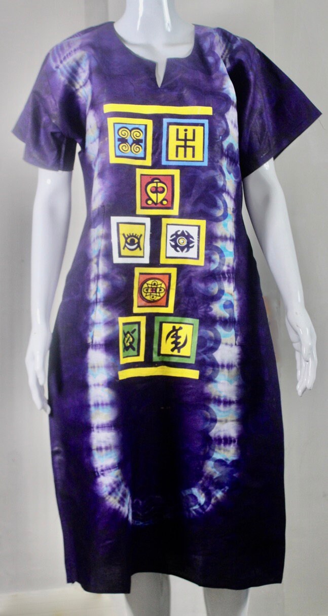 Blue Coloured African Adire Batik Tie and dye short dress (S/M/L) - with African symbols design