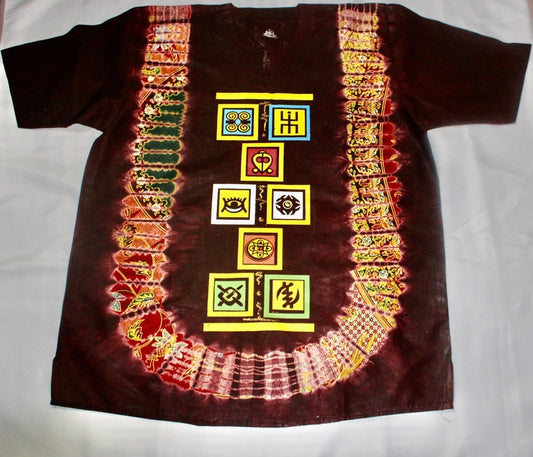 African Traditional Adire Batik T-shirt Multi-coloured Cotton Linen designs (Orange Yellow design - S M L)
